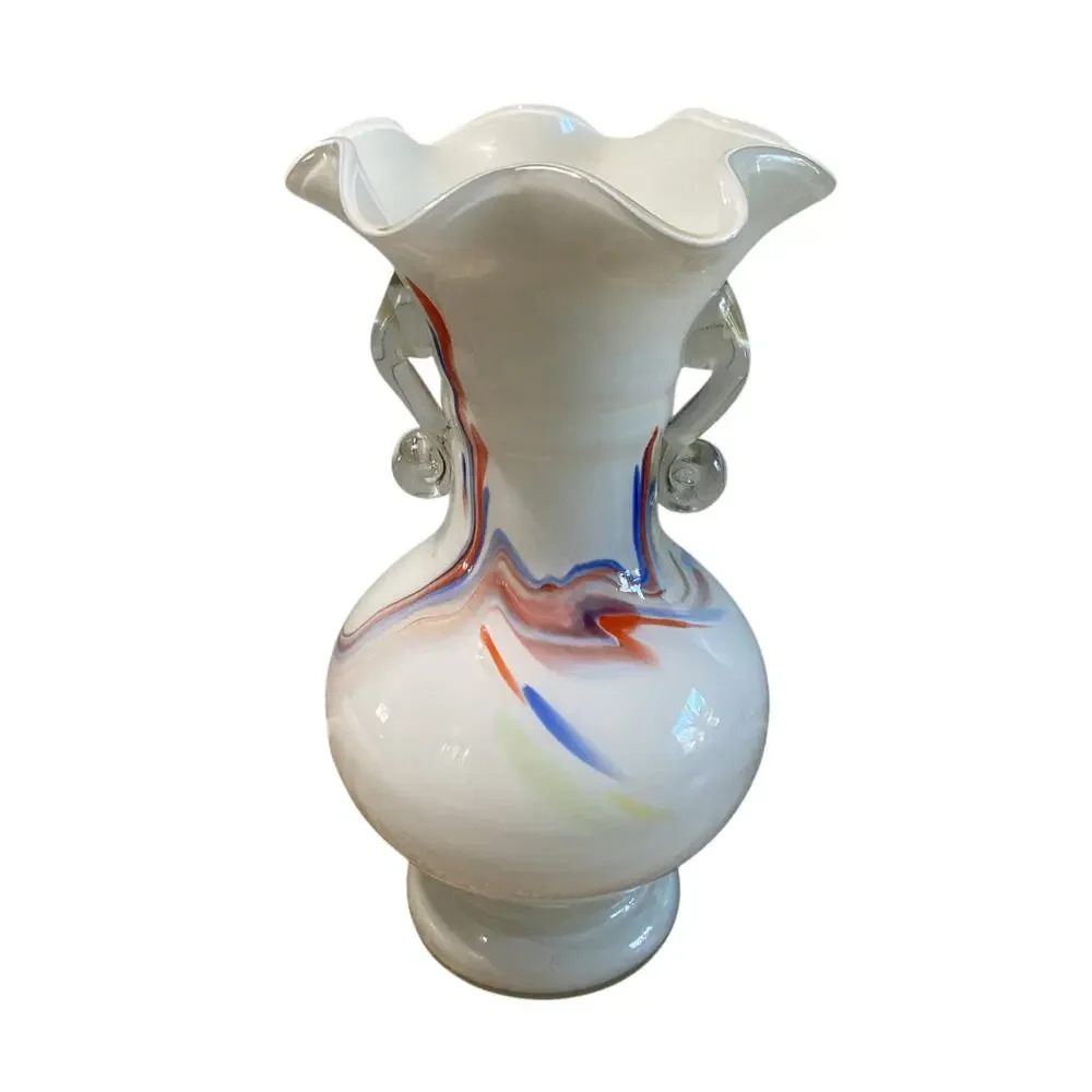 Vintage Dalian Art Glass White Cased Vase Ruffled Edge Double Handle 9.75